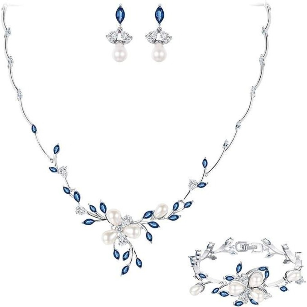 Ever Faith Silver Tone Blue Crystal Faux Pearl Floral Bridal Jewelry Set 3pc Box